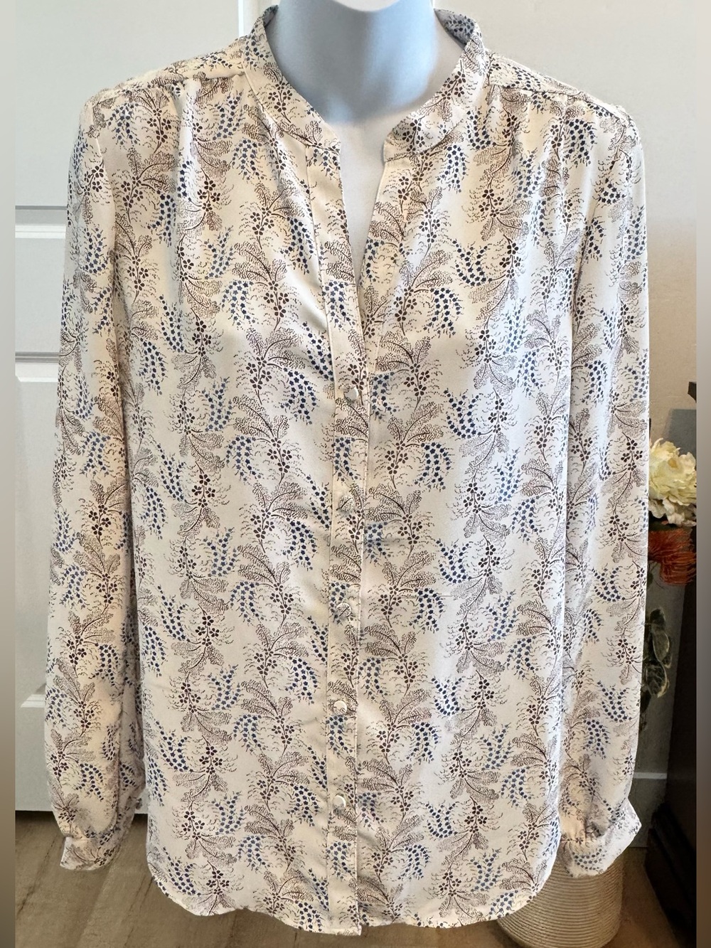 Ann Taylor Cream Blouse with Blue and Brown Floral Motif